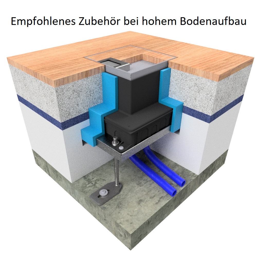 Unterflur-Bodendose UBD 130 aus Chromstahl inkl. Deckel mit Kante, 15mm Vertiefung und 1 Bürstenauslass