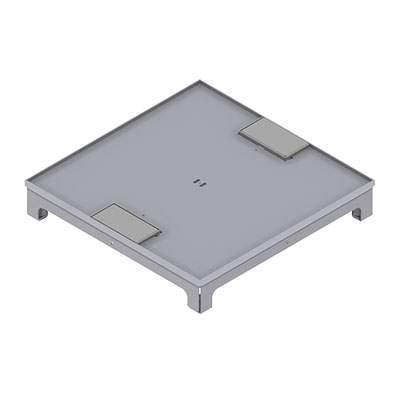 Boîte de sol UBD 320 en acier inoxydable, couvercle, plate (AGS), sans bord, évidement de 5mm et 2 sorties de cordon inclus