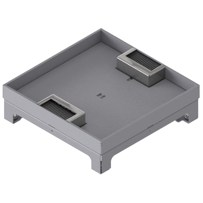 Boîte de sol UBD 260 en acier inoxydable, inclus couvercle avec bord, fermé, évidement de 25mm et 2 sorties de brosse