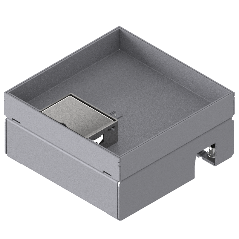 Boîte de sol UBD 160 small en acier inoxydable, couvercle avec bord, fermé, évidement de 25mm et 1 sortie de cordon inclus
