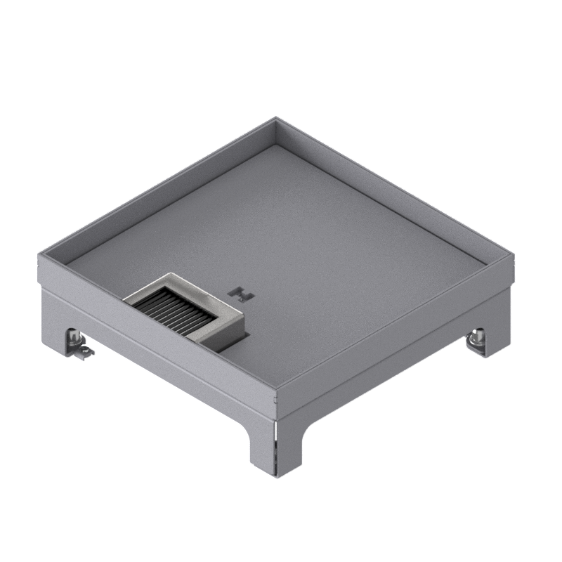 Schwerlast-Unterflur-Bodendose UBD 210 small aus Chromstahl inkl. Deckel mit Kante, geschlossen, 4mm Verstärkungsplatte, 16mm Vertiefung und 1 Bürstenauslass
