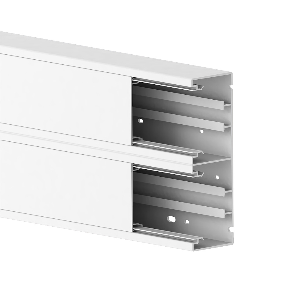Produktbild BRK 065 200  -  Brüstungskanal BR 65x200/80 duo, Kunststoff PVC reinweiss RAL 9010 BR-SET, Unter- und Oberteil, mit Bodenlochung